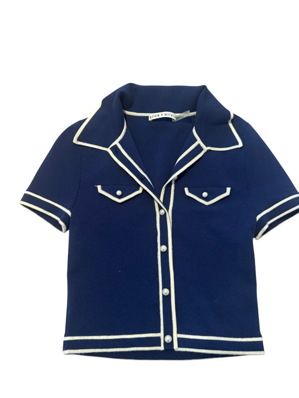 NWOT Alice + Olivia Blue Indigo & Ecru Marlena Wool Polo Top, Size S - Picture 3 of 6